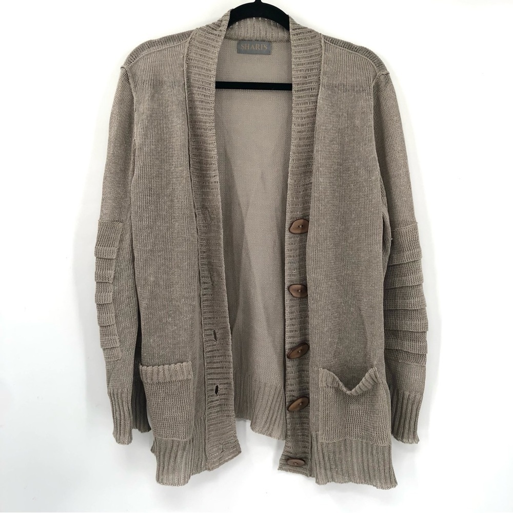 SHARI'S PLACE Linen Cardigan Sweater Lurex Wood Buttons Lagenlook Art to Wear